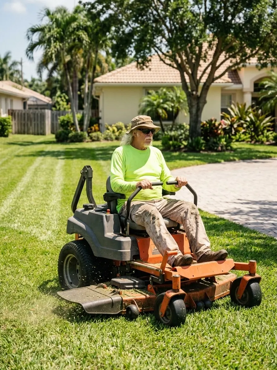 Tim mowing a lawn on a zero-turn riding mower