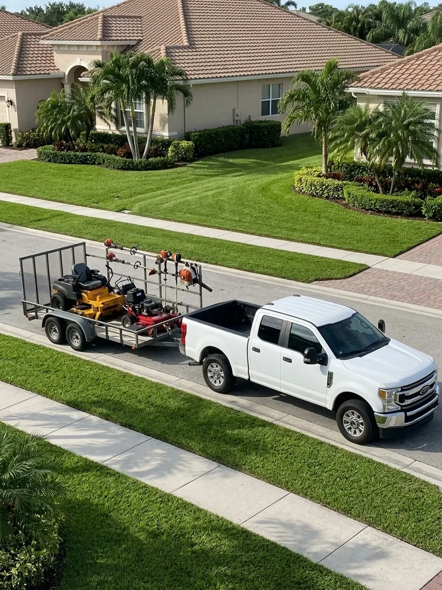 Pickup truck and trailer loaded with mowers, trimmers and blowers parked in a residential neighborhood