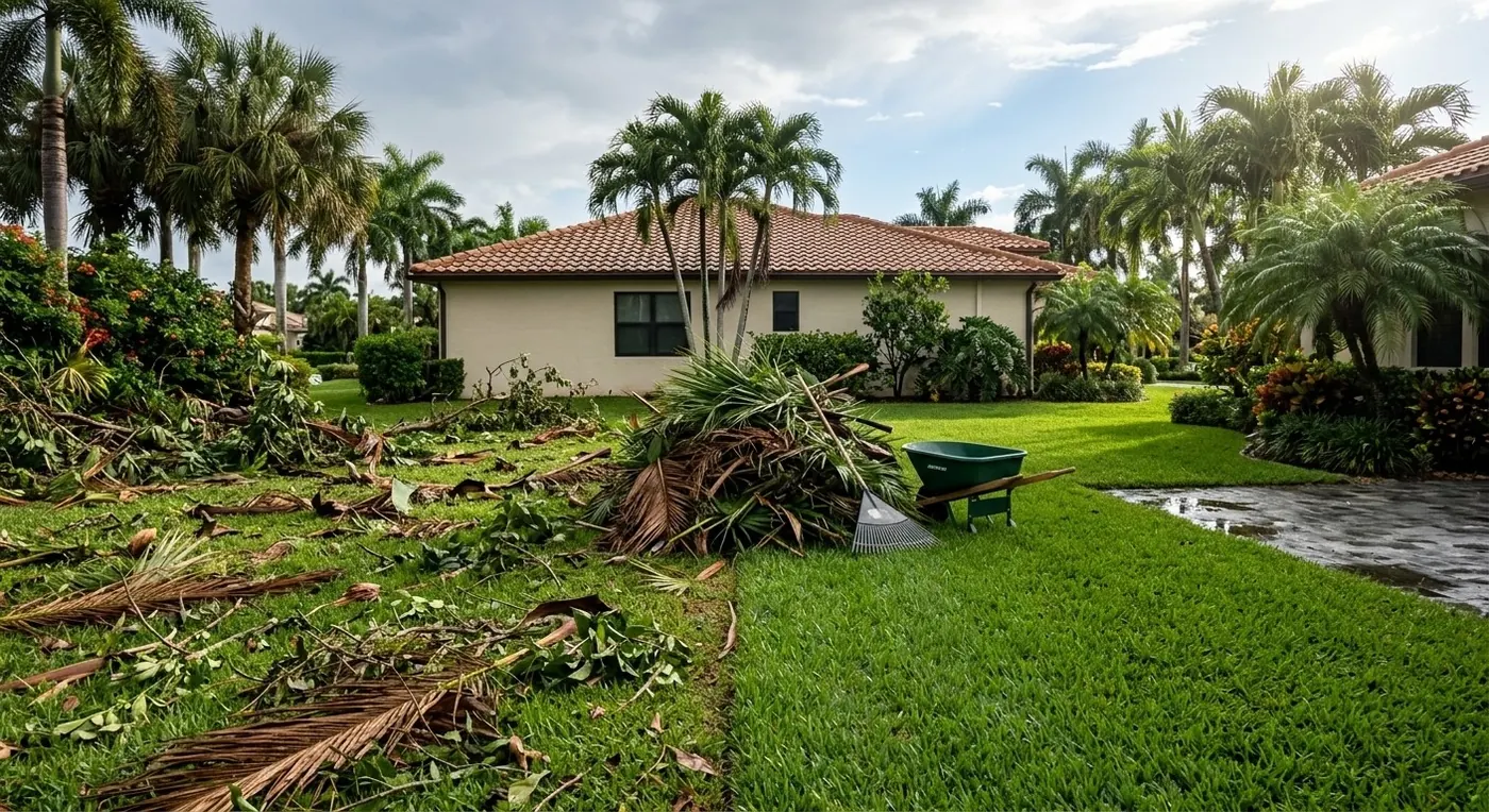 Backyard half covered in fallen palm fronds and storm debris, half cleared, with the debris piled next to a rake and wheelbarrow