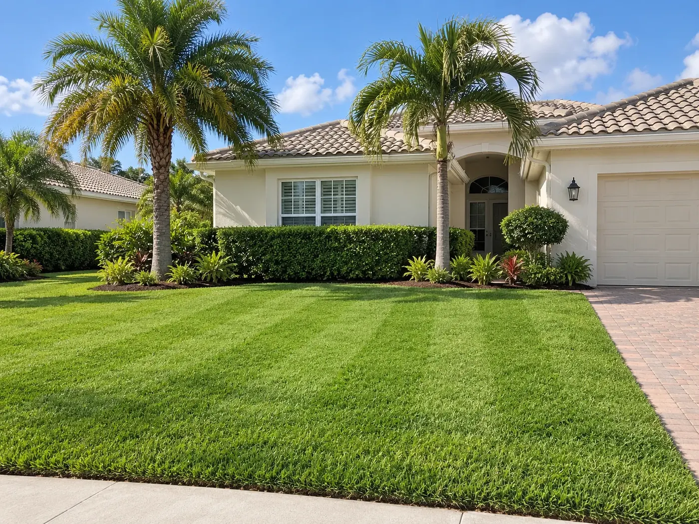 Freshly mowed, striped St. Augustine lawn in front of a stucco home with palm trees and trimmed hedges