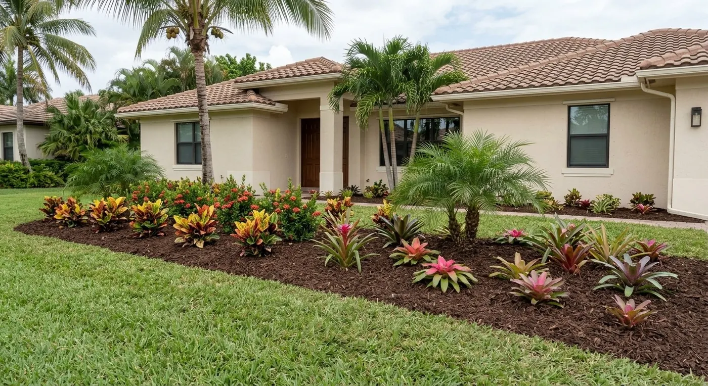 Fresh mulch bed with crotons, ixora and bromeliads in front of a stucco home