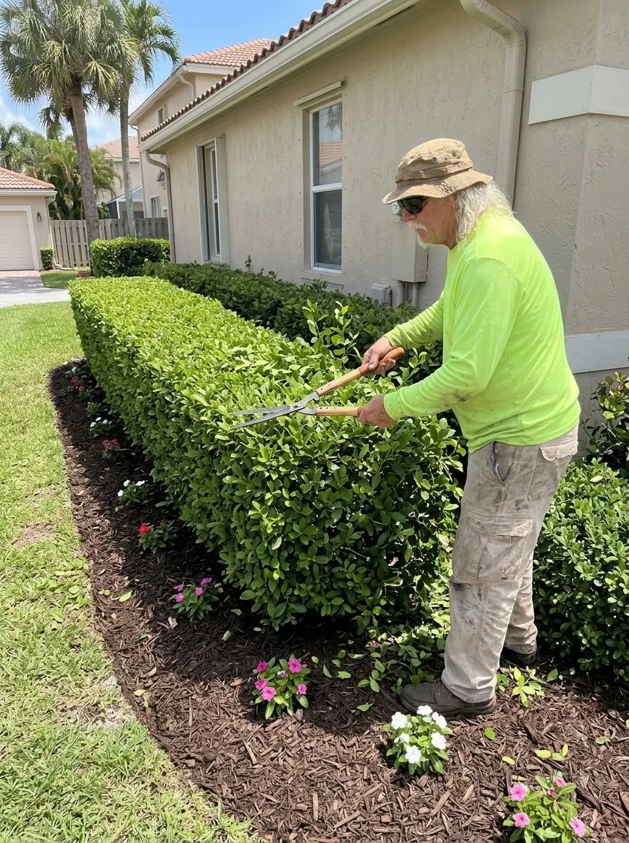 Tim trimming a hedge with hedge shears beside a freshly mulched flower bed